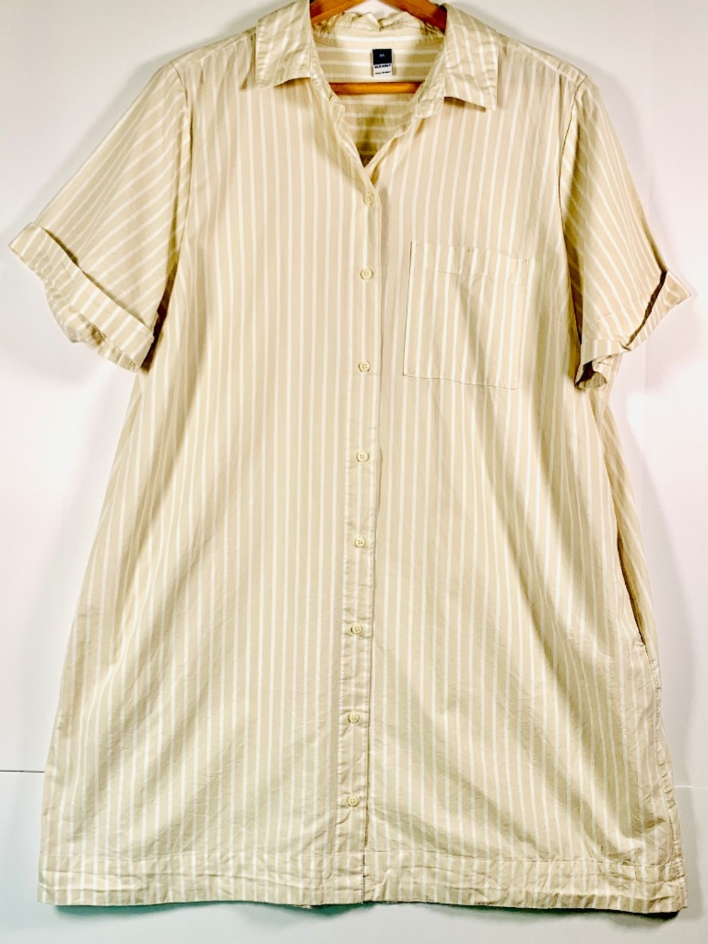 XL Old Navy casual shirt dress tan neutral stripe button down short sleeves